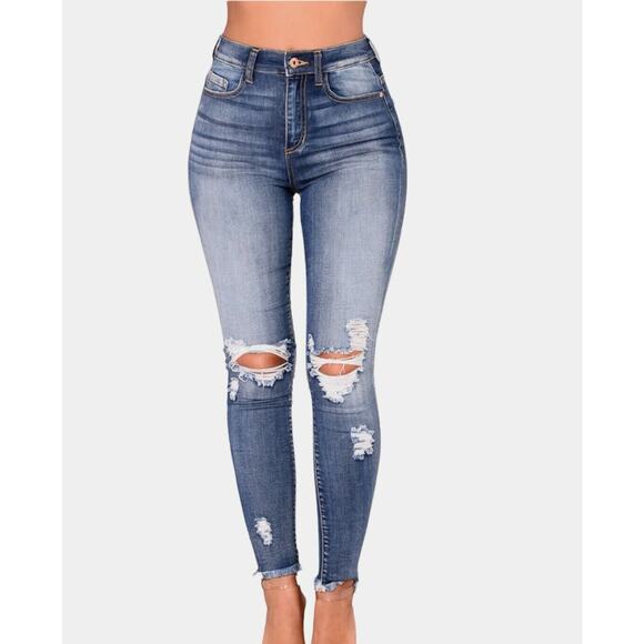 Fashion Nova Smiley High-Rise Distress Knees Jean Medium Blue Wash Raw Hem 7 - Picture 1 of 7
